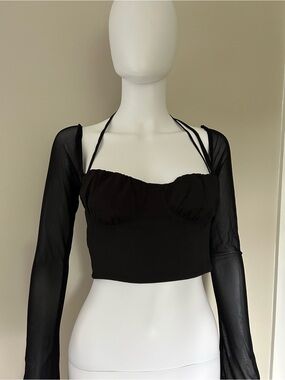Princess Polly Black Mesh Long Sleeve Halter Crop Top Women’s US 2 AU 6